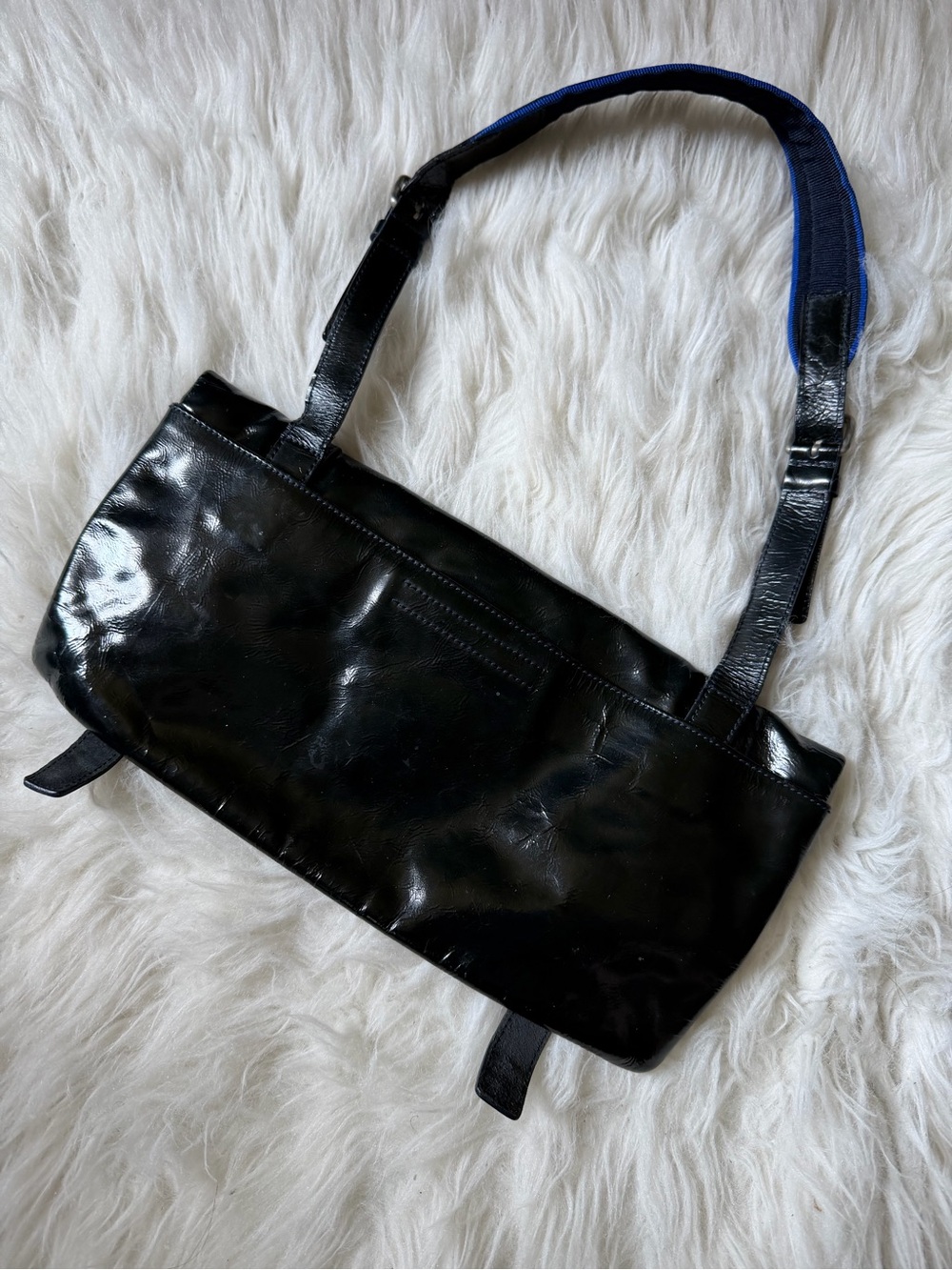 Vintage Miu Miu Blue Black Shiny Leather Wet Look Buckle Mini Shoulder Bag - Picture 3 of 14